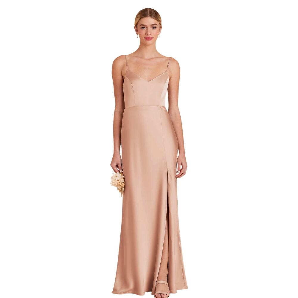 Birdy Grey Jay Satin Bridesmaid Maxi Dress Rose Gold Side Slit V-Neck Strappy M